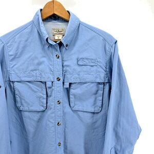 VTG LL Bean Shirt Womens Med Blue SunSmart Vented Nylon Button Up Fishing Hiking